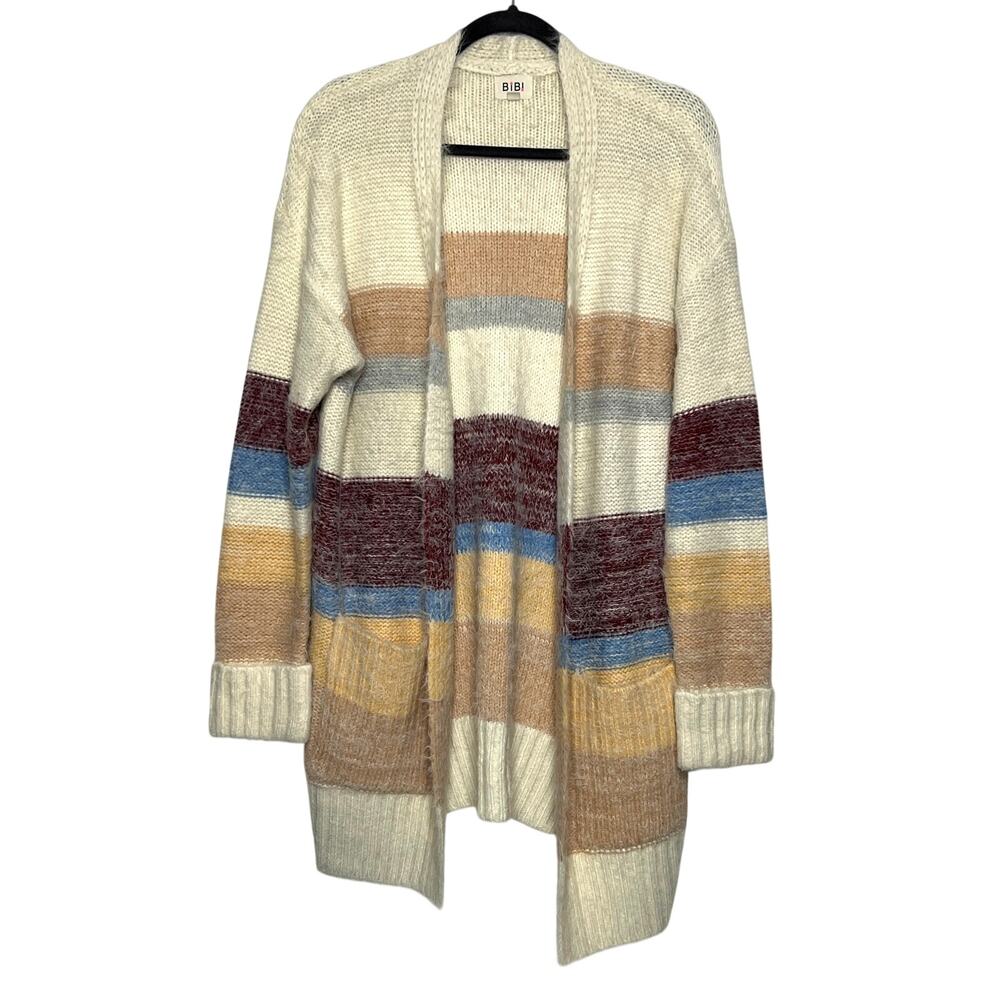 BiBi Fuzzy Eyelash Knit Stripe Cardigan Sweater Cream Open Front Size Large